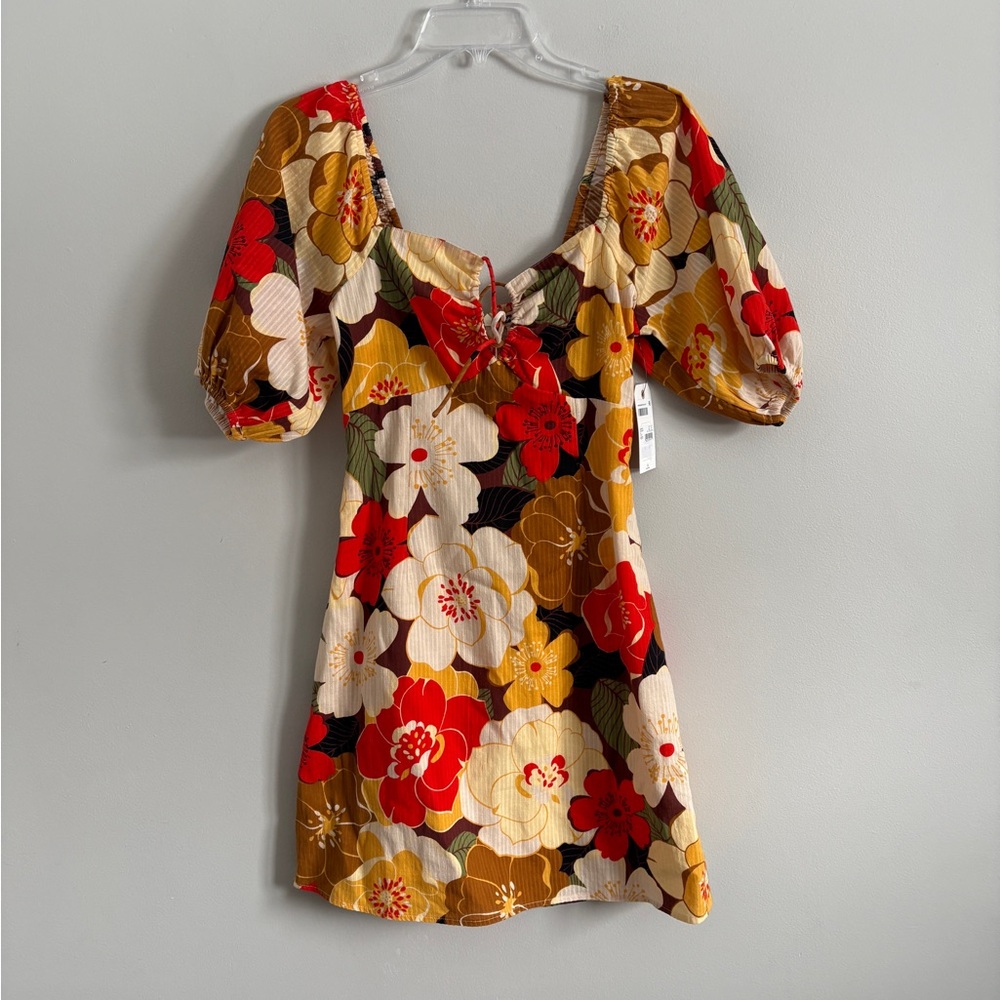 Billabong Juniors Shine Bright Floral-Print Fit & Flare SZ M Cotton Puff Sleeve